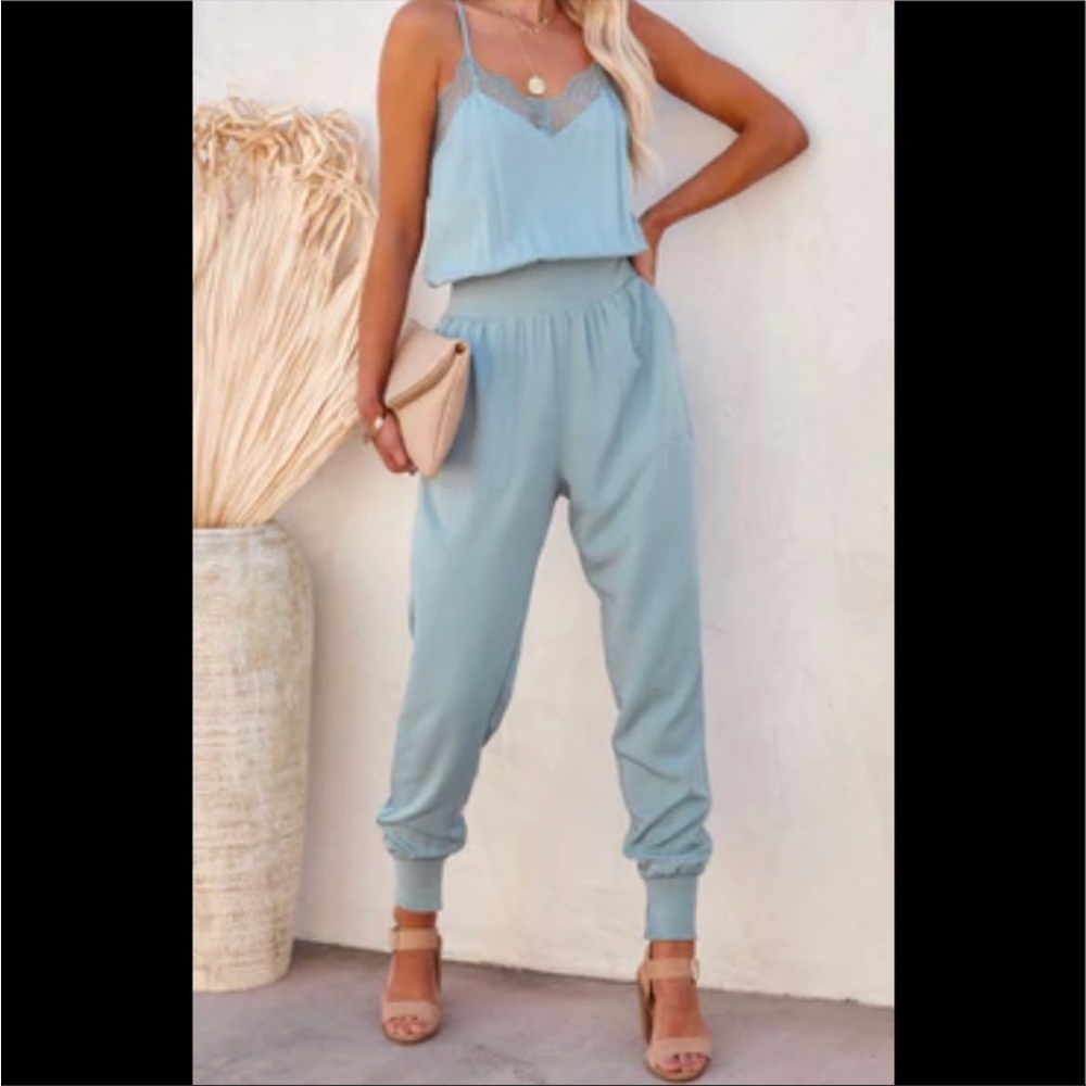 KAYLIE TENCEL POCKETED LACE CAMI JUMPSUIT- Seafoam